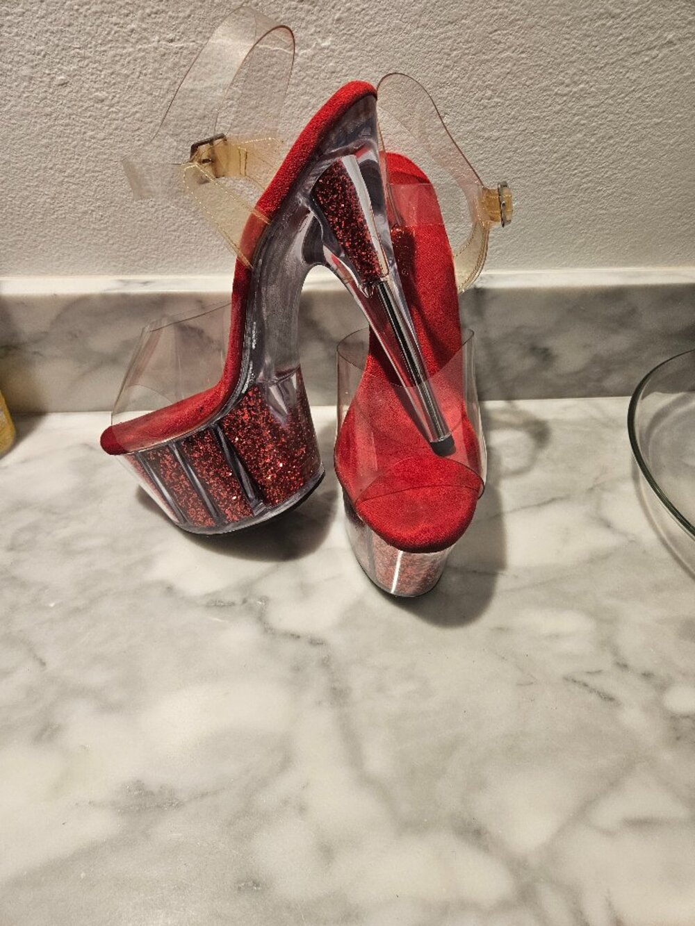 Pleaser Clear & Red Glitter High Heel Dance Shoes – Size 10, Gorgeous & Sparkly